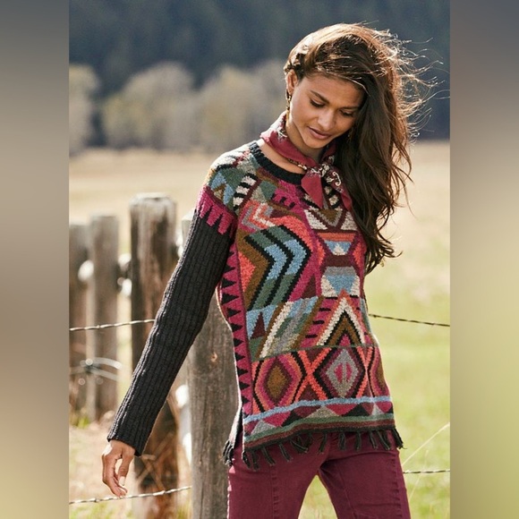 PERUVIAN CONNECTION Wool Serenata Pullover Fringe in Magenta Coral Sage Sz. XL - Picture 2 of 13